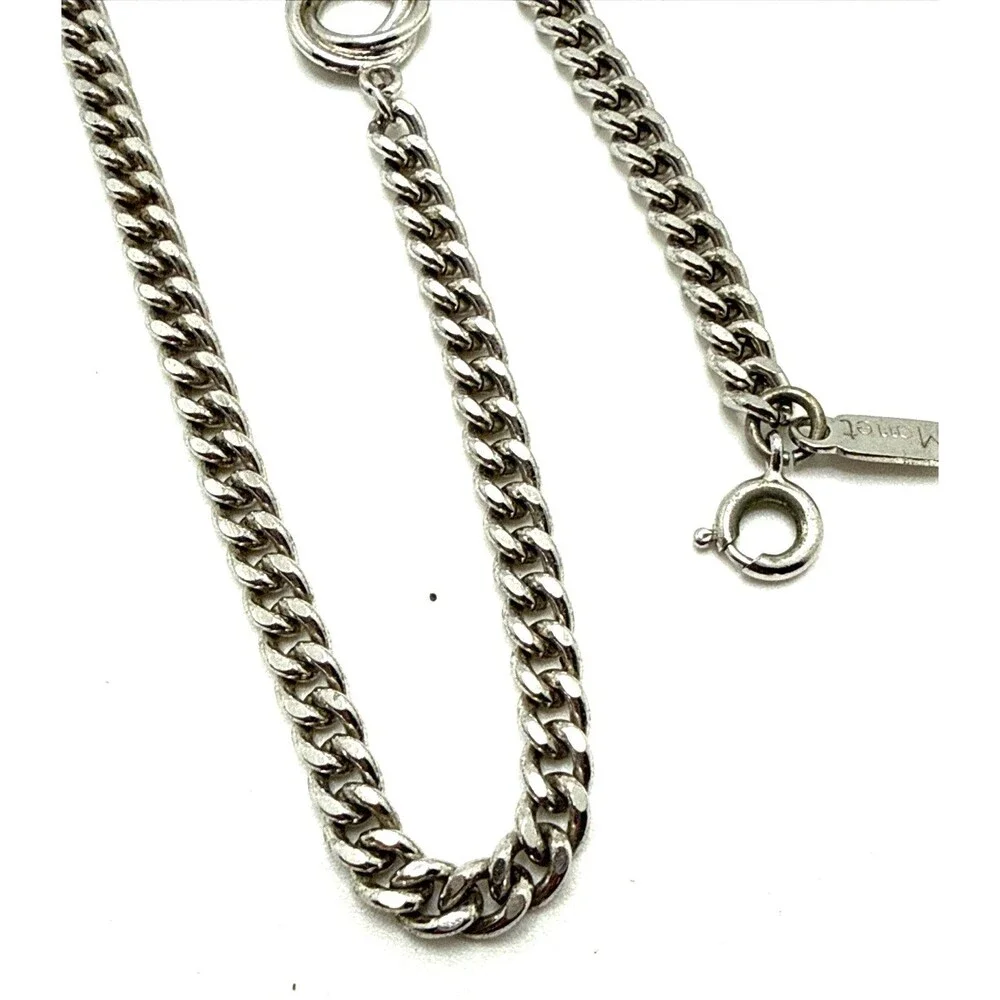 Vintage 70s MONET Silver Tone Station Chain Necklace Double Ring Long Curb 55”